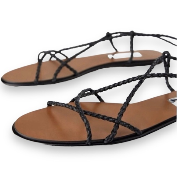Black Zara Braided Leather Flat Tie Up Sandals Women’s Size 7.5 - Picture 6 of 12